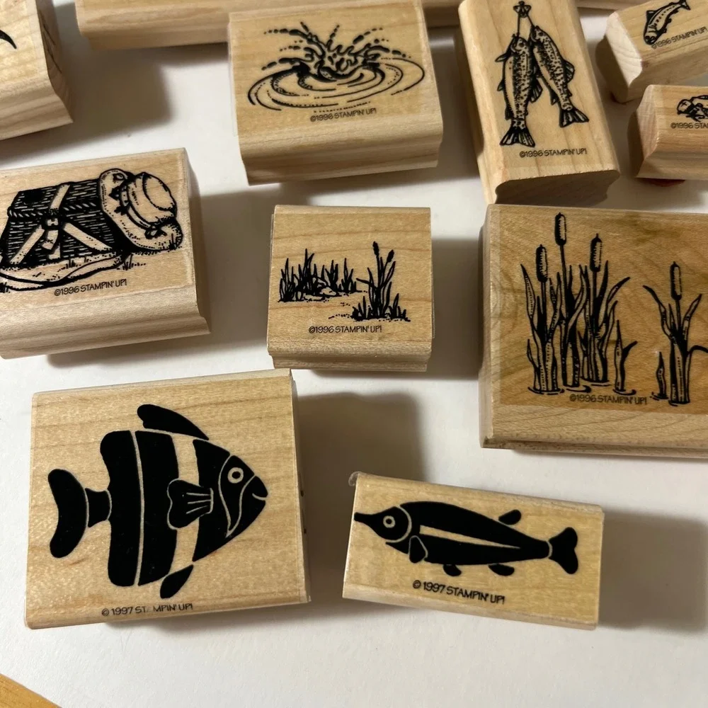 Vintage Stampin Up Et Al Fishing Wood Rubber Stamp‎ Set 12pc Fish Rod 1996 1997